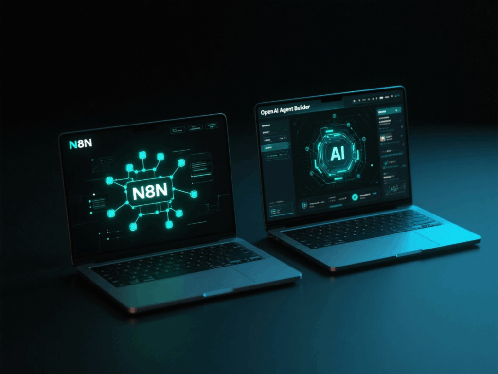 N8N vs OpenAI's Agent Builder: Which Automation Platform Is Right for Your Business? 1 freepik two laptops side by side one representing n8n with 10149